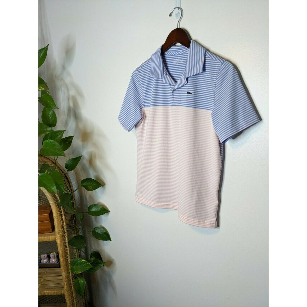Vineyard Vines Pink Blue Striped Shirt Sleeve Polo Shirt Golf Whale Mens Large L